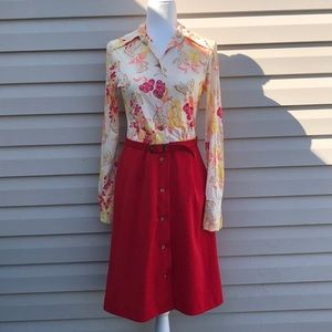 Vtg 70s polyester suit dress secretary mad men red